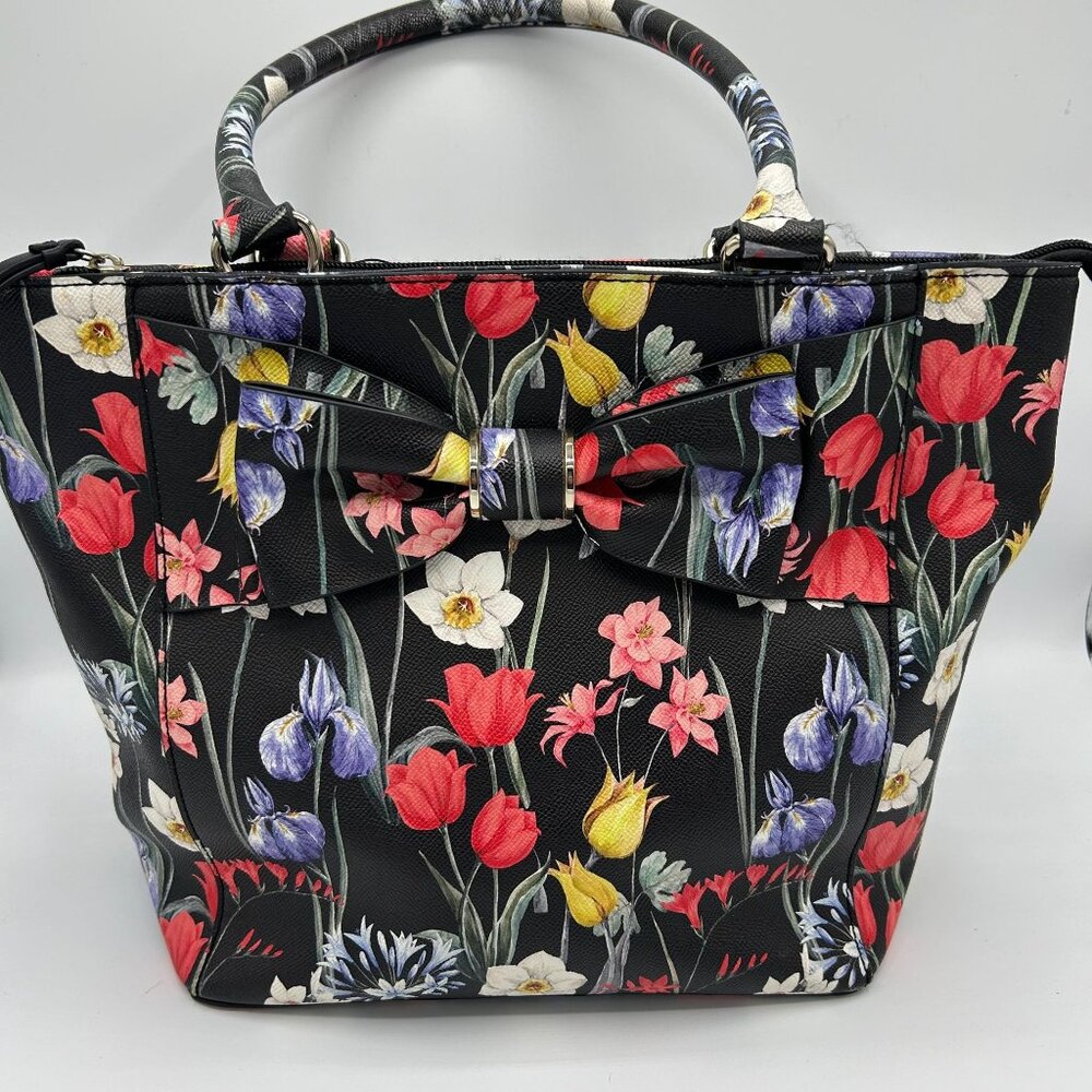 APT 9 Floral Print Handbag Tote With Bow Detail & Multiple Pockets